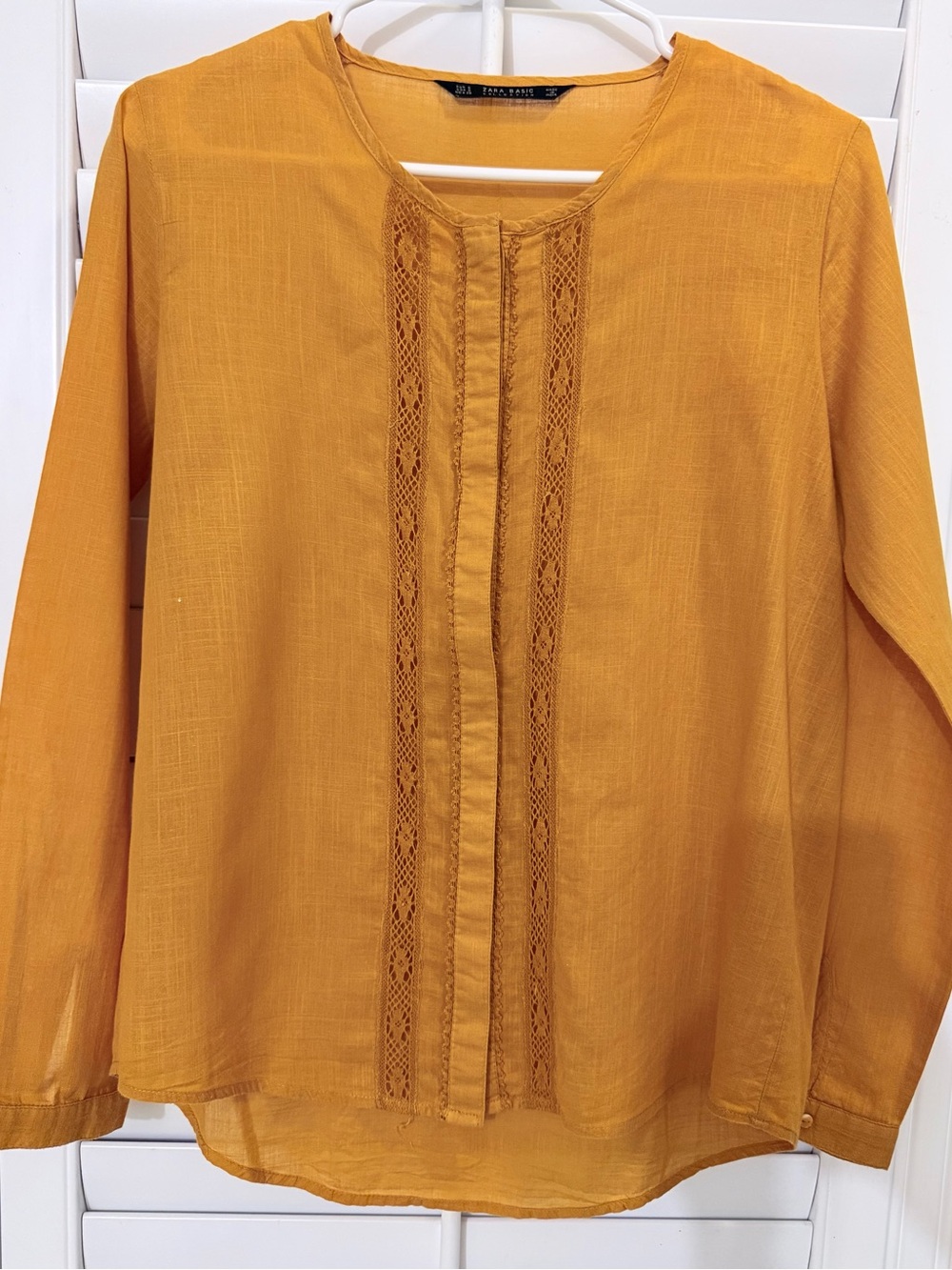 Zara Golden Mustard Long-Sleeve Lace-Front Blouse